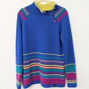 Neve Button High Neck Colorful Striped Sweater Merino Wool Blue Large L